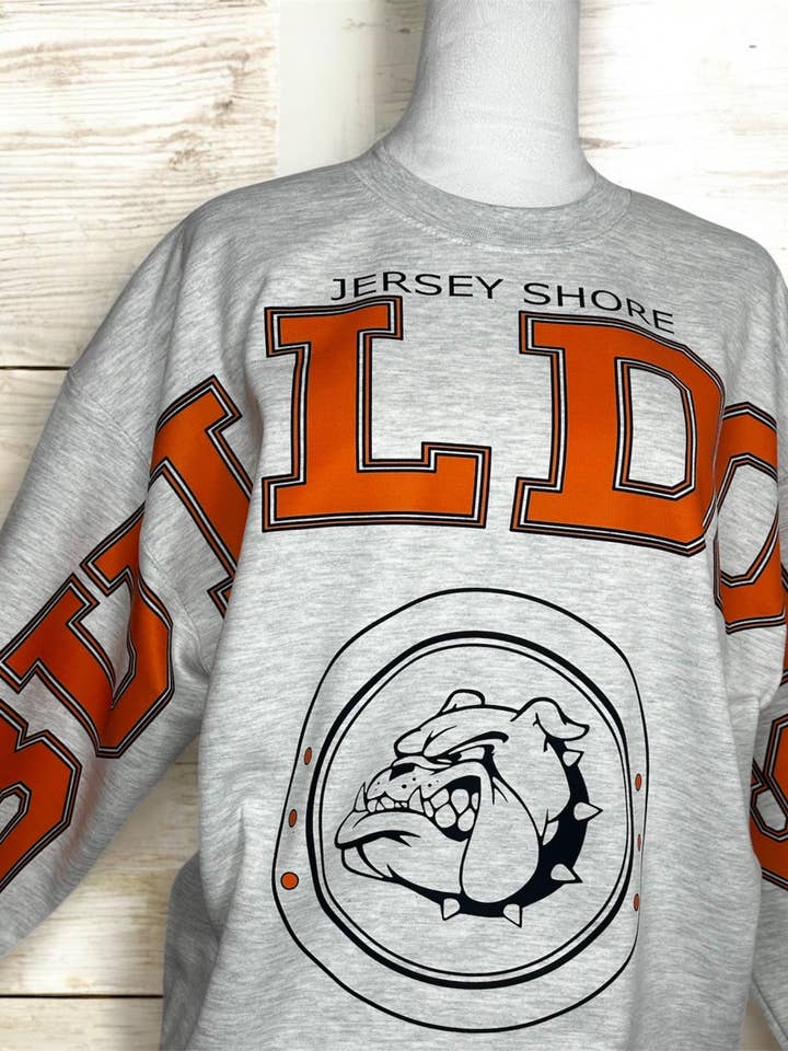 Custom Team Mascot Oversized Sweatshirt with Arm Text for wholesale by Teeseplease