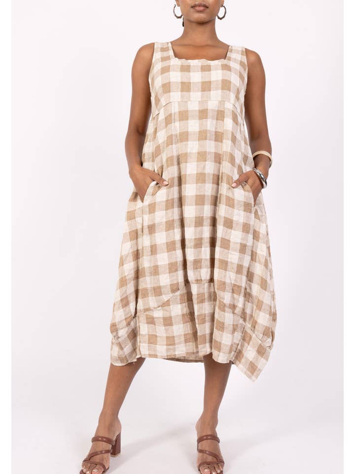 LINEN & COTTON HOUSE - Wholesale Dress β Women's - LINEN DRESS WITH POCKETS, GINGHAM CHECK PATTERN 32211