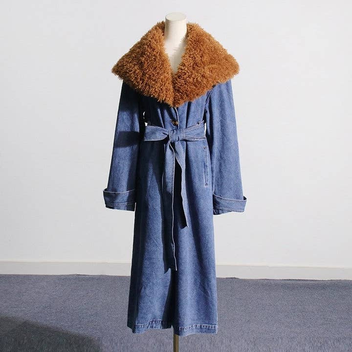 BLUE Detachable Collar Long Denim Style Coat for wholesale on Faire