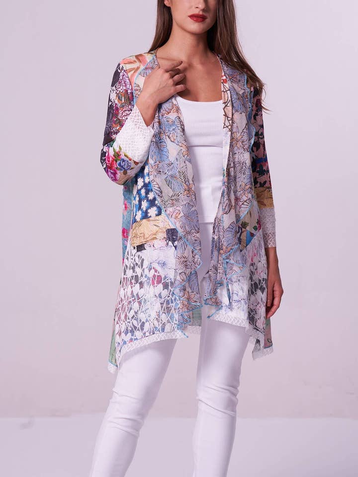 Multi Patchwork Net Drape 3/4 Slv åbent frontkort til kvinder for engroshandel hos Kamana