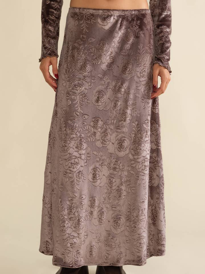 Taupe Jemma Velvet Floral Maxi Skirt for wholesale on Faire