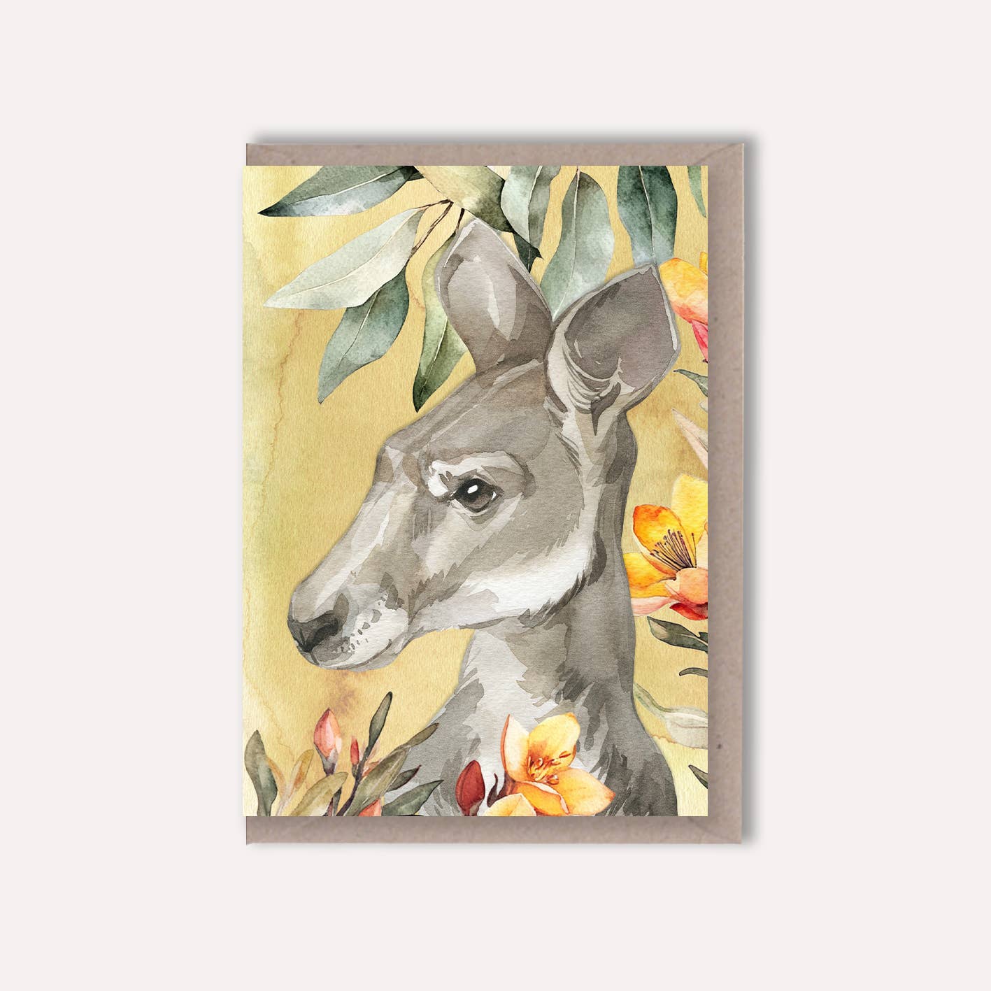 Scattered Seed Co - Wholesale Everyday greeting card - Australian Watercolour Kangaroo on Australian Flora greeting card