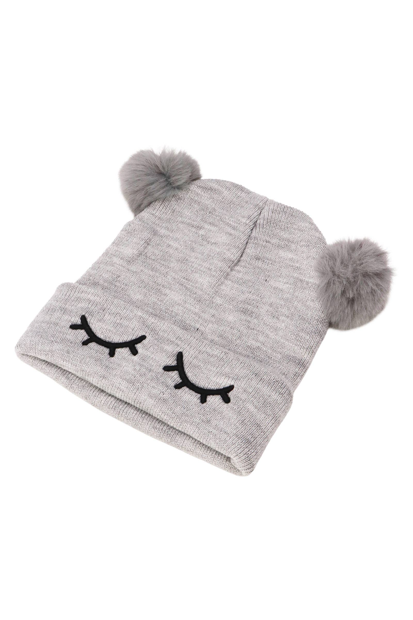 ASSORTED Kids Dreamy Eyes Double Pom Pom Knitted Beanie for wholesale on Faire3