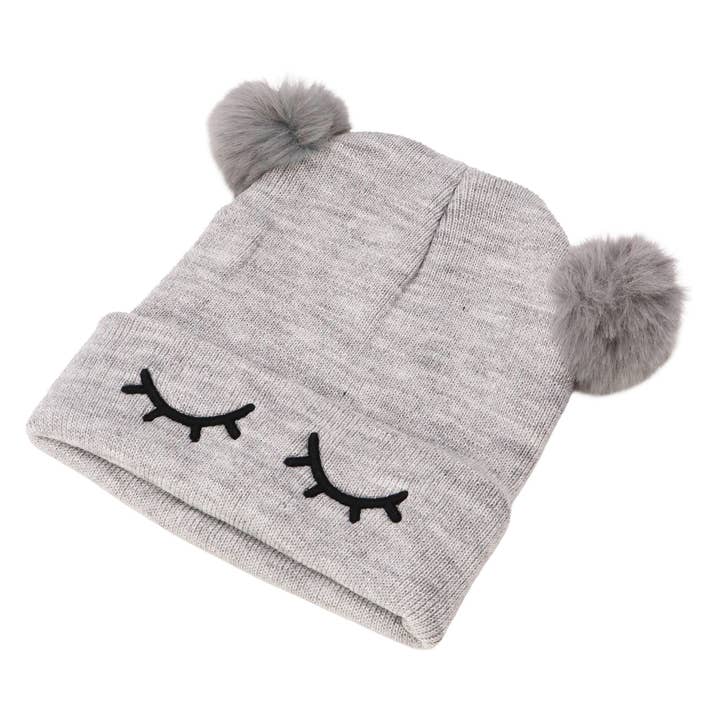 ASSORTED Kids Dreamy Eyes Double Pom Pom Knitted Beanie for wholesale on Faire3