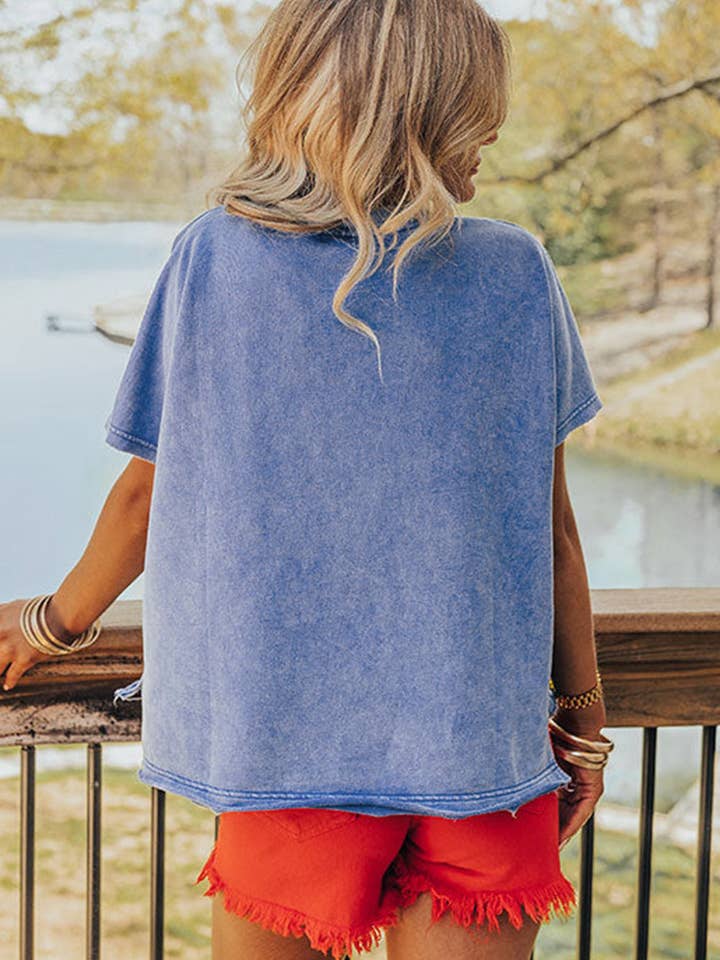 Sky Blue USA Patch Mineral Wash Notch V Neck Vintage Graphic T Shirt for wholesale on Faire