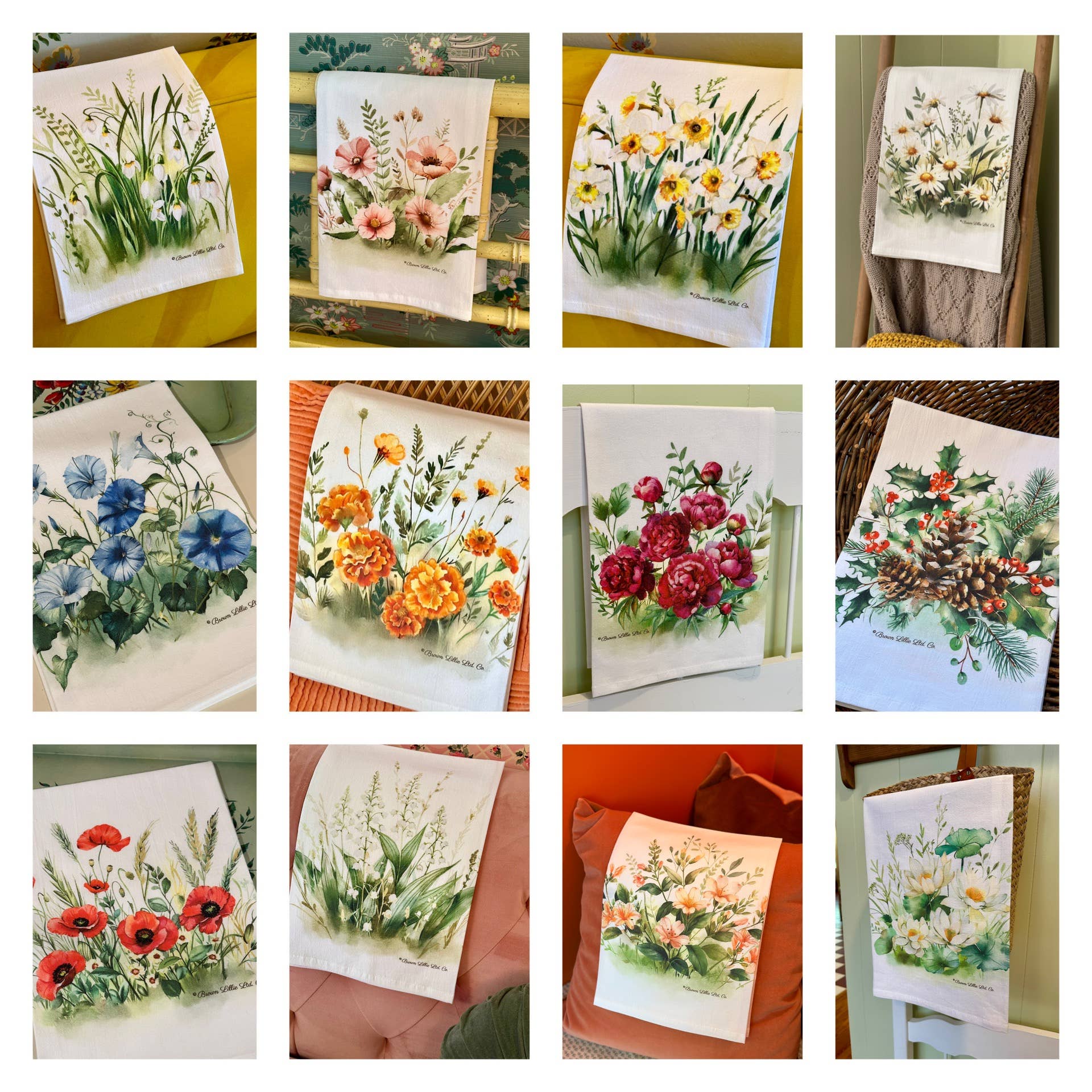 Brown Lillie – Großhandel Geschirrtücher – Geschirrtuch Musterpackung mit 13 Stück, Blumendesign, Geburtsblumen2