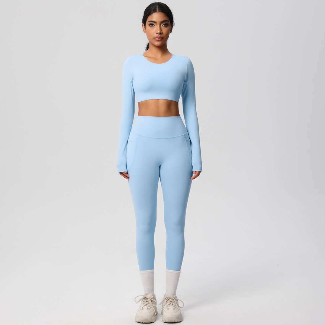 Sodalemon - Wholesale Activewear Set - Women's - Women High-Waist Yoga Set:Cropped Long Sleeve Top + Leggings10