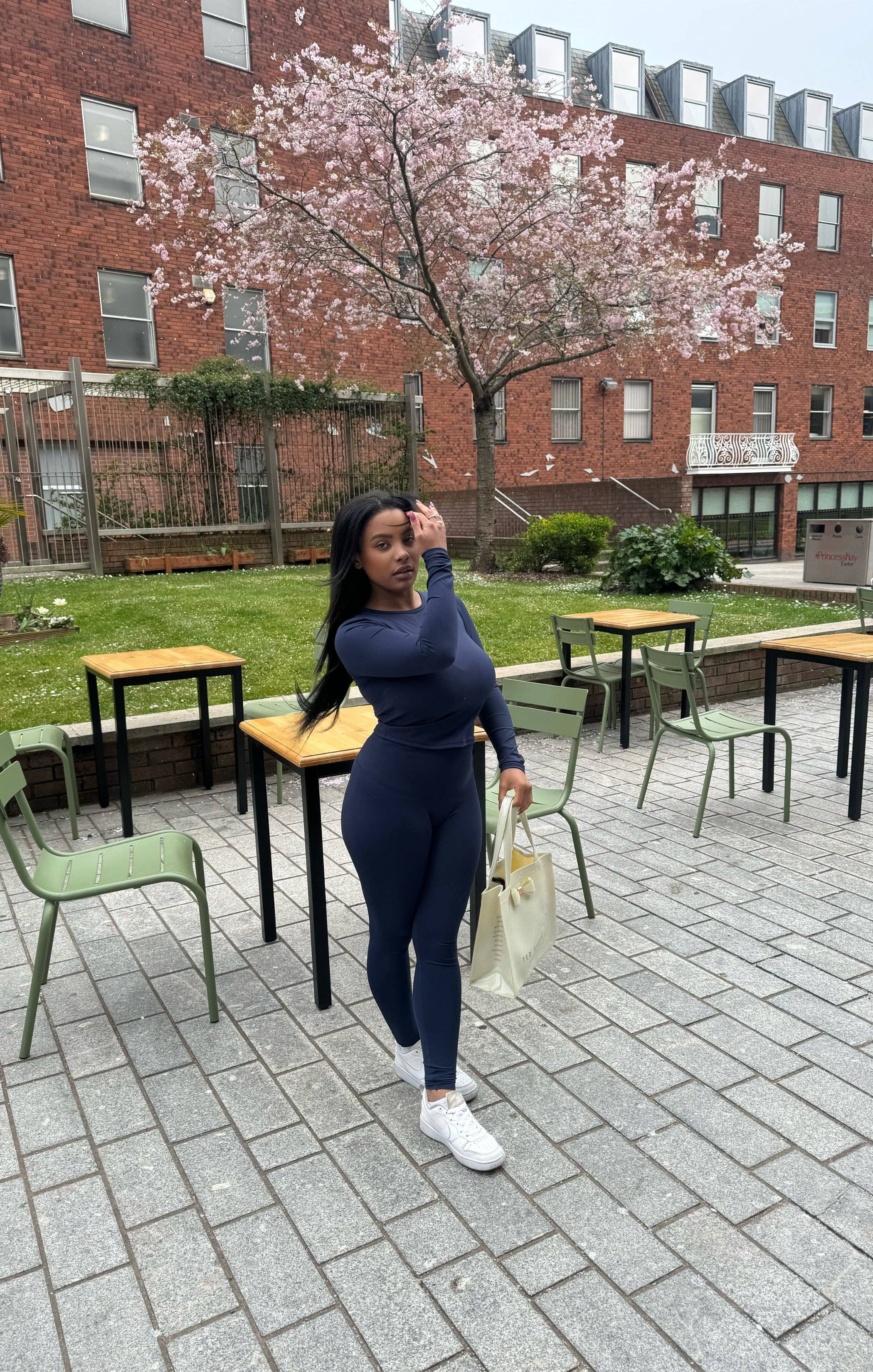 Navy Stretch Long Sleeve Top and Leggings Activewear Set - Elara for wholesale on Faire3