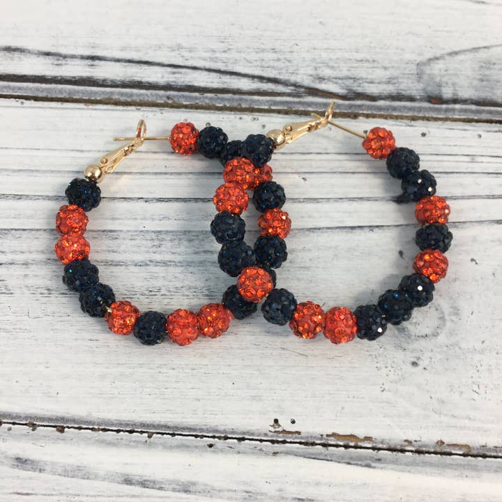 Orange and navy rhinestone ball hoop earrings for wholesale by SongLily
