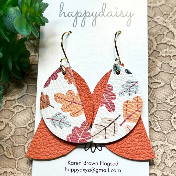 Fall Leaf Print Orange Red Leather Earrings for wholesale by happydaisy