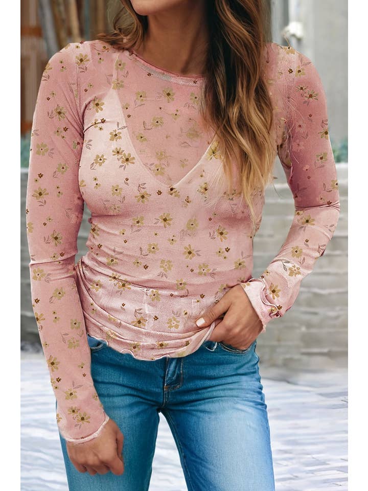 Little Daisy Closet - Wholesale Blouse - Women's - LDC Vintage Floral Print Southern Style Mesh Long Sleeve Top4