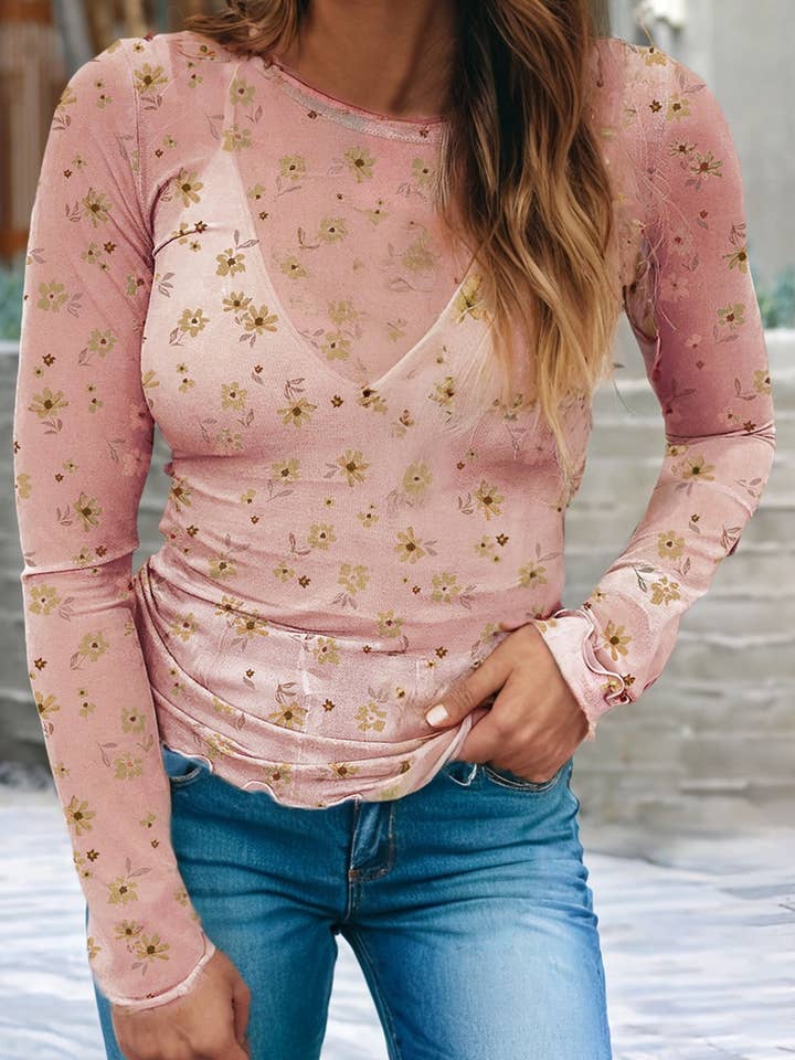 LDC Vintage Floral Print Southern Style Mesh Long Sleeve Top for wholesale by Little Daisy Closet