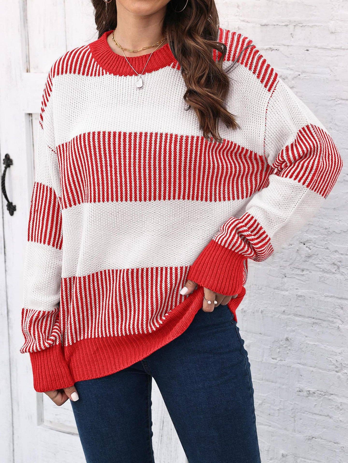 Suhkasana - Wholesale Knit Sweater - Women's - Plus Size Colorblock Striped Sweater | Cozy Fall/Winter Knit17