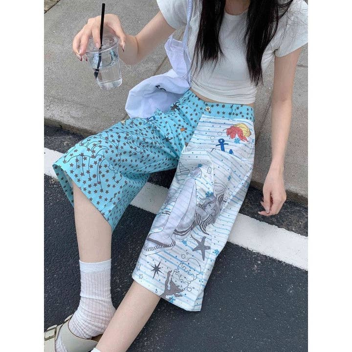 Cartoon Color Block Loose High Waisted Shorts for wholesale on Faire3