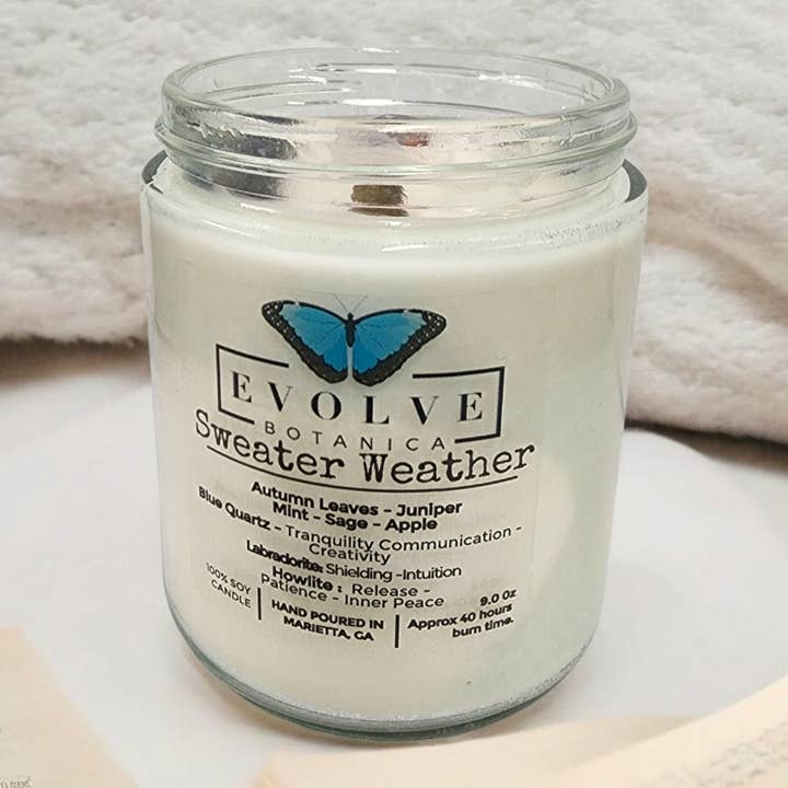 Evolve Botanica - Wholesale Jar/Filled Candle - Classic 9oz Jam Jar Crystal Soy Candle - Sweater Weather