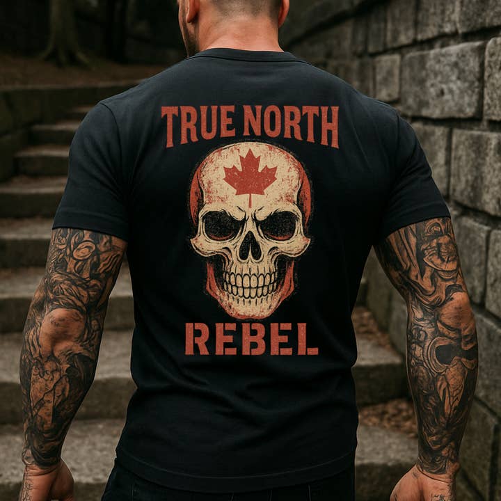 STRONG N FREE CDN - Wholesale Screen Printed T-Shirt - Unisex - T-Shirt Sweatshirt True North Rebel – Canadian Skull with Maple Leaf & Grunge Flames1