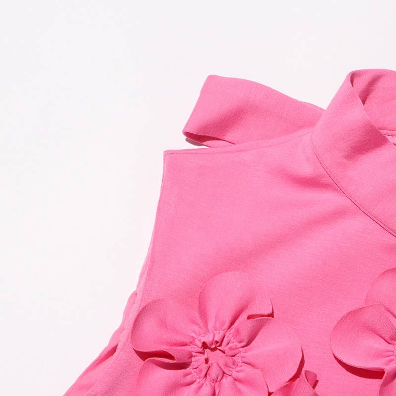 Productseeker – Vestido - Mulher por atacado – Vestido Curto Rosa DR413Y com Gola Alta, Sem Mangas e Flores 3D15