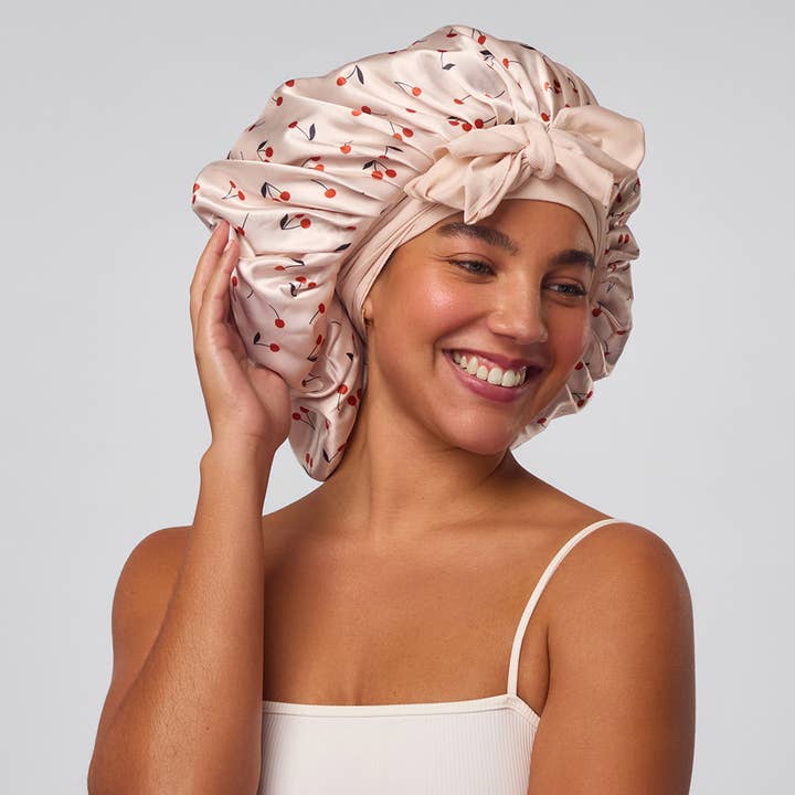 KITSCH - Wholesale Sleep Cap / Bonnet - Women's - Adjustable Oversized Satin Bonnet - Cherry Print