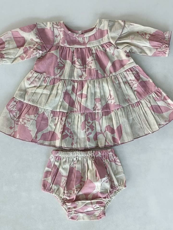 Yo Baby - Wholesale Dress - Kids - Dark Pink Leaf Printed Tiered Long Sleeve Dress9