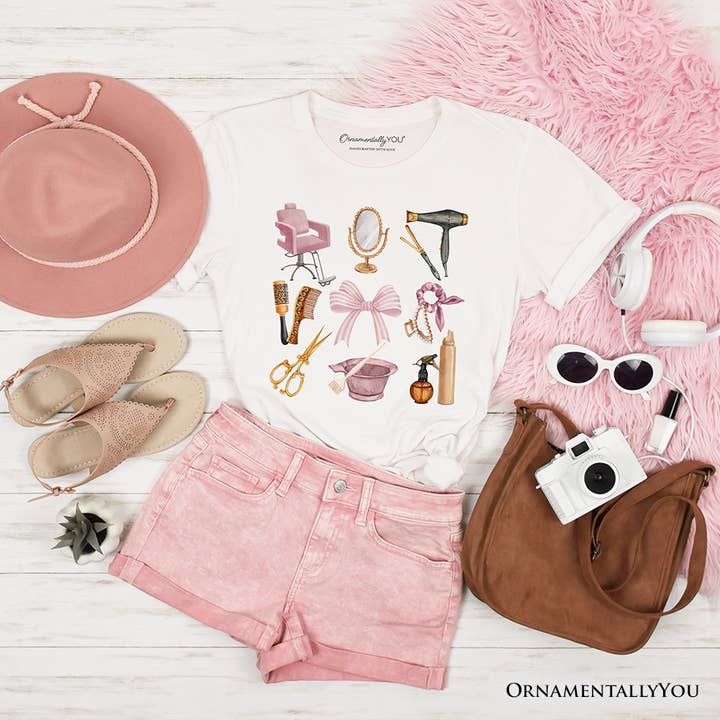 OrnamentallyYou - Wholesale Screen Printed T-Shirt - Women's - Hairstylist Coquette Aesthetic T-Shirt, Pink Hair Dresser