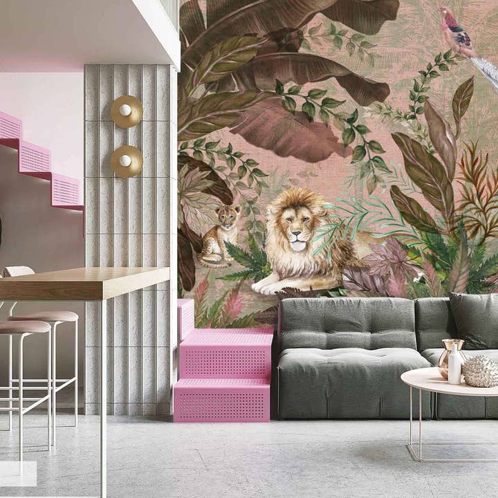 Luxurious Jungle Safari Mural Lions and Tropical Foliage for wholesale by GK Home Decor