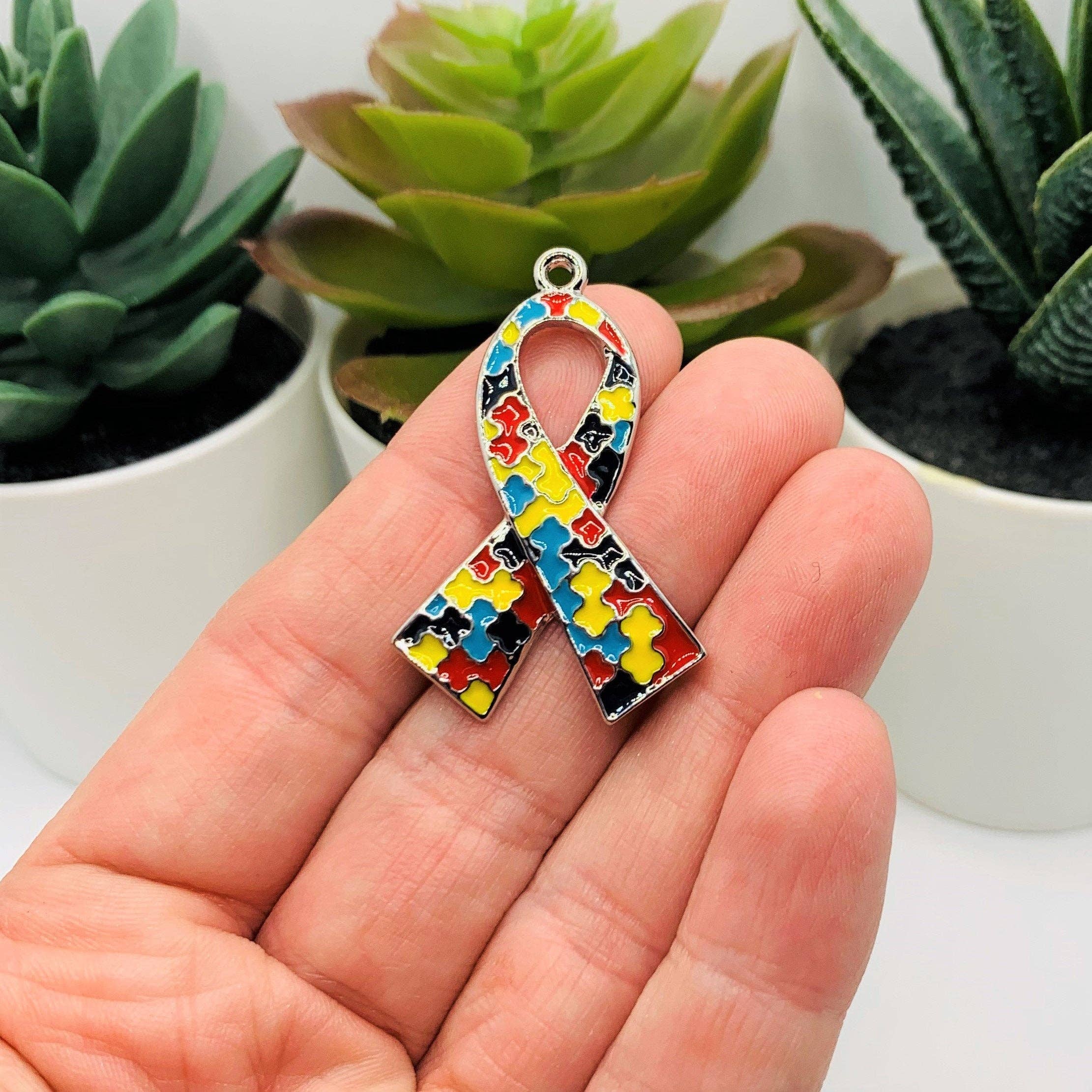 Guerrilla Charm - Wholesale Individual Charm/Pendant - Large Enamel Autism Awareness Ribbon Charms, 39x26mm1