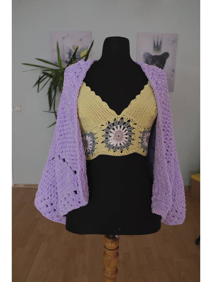 miglo - Vendita all'ingrosso Cardigan - Donna - Cardigan da donna lavorato a maglia in filato di peluche, colore lilla, cardigan morbido, spesso, caldo, taglia standard2