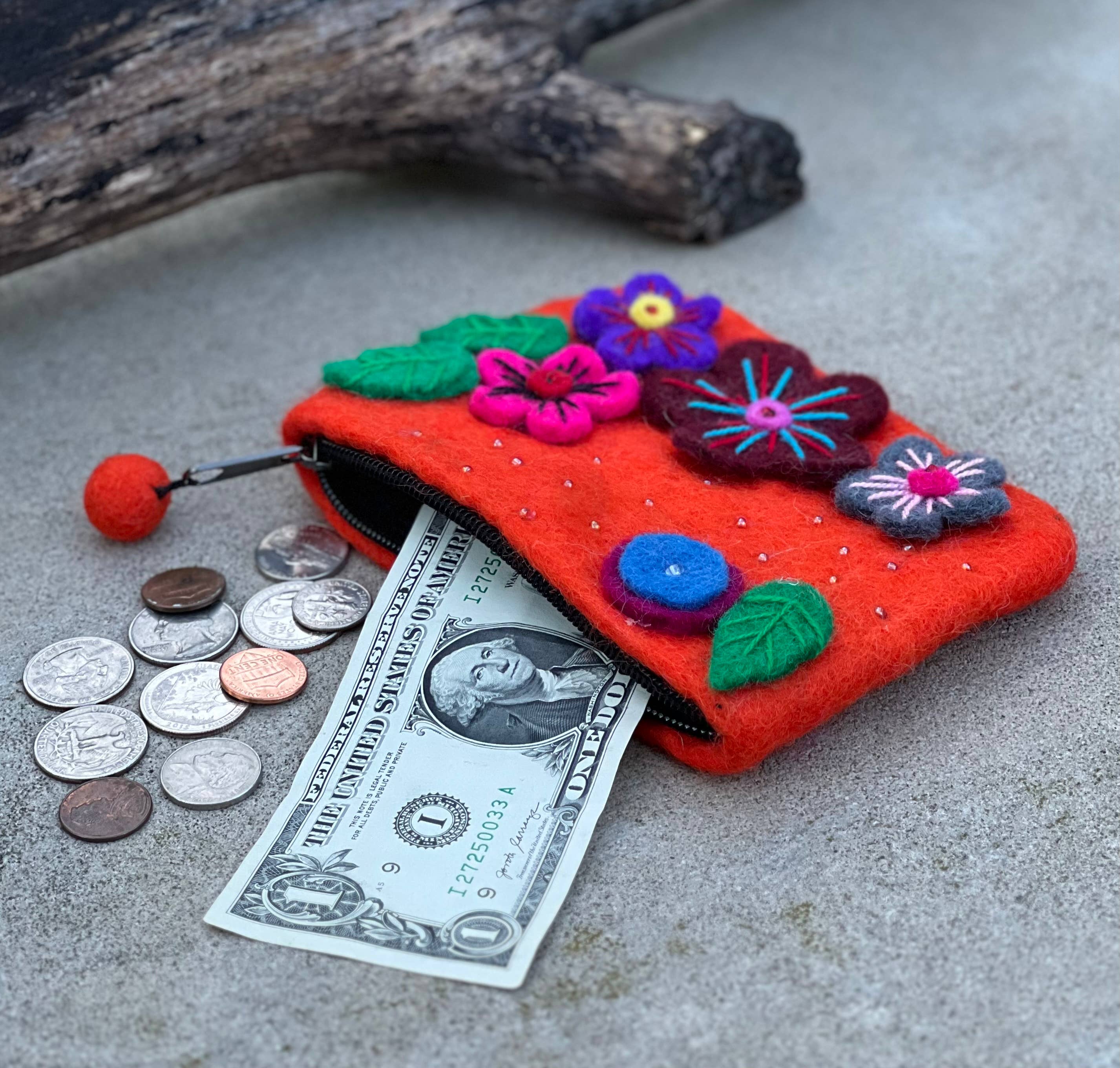 Lungta Imports - Wholesale Coin Purse - Women's - Felted Floral Coin Purse, Kids Pouch, Makeup Pouch4