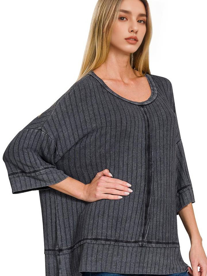 ._ 0628 Top de Hombro Caído Acanalado de Media Manga con Cuello de Barco SI-25886 para venta al por mayor de 42POPS