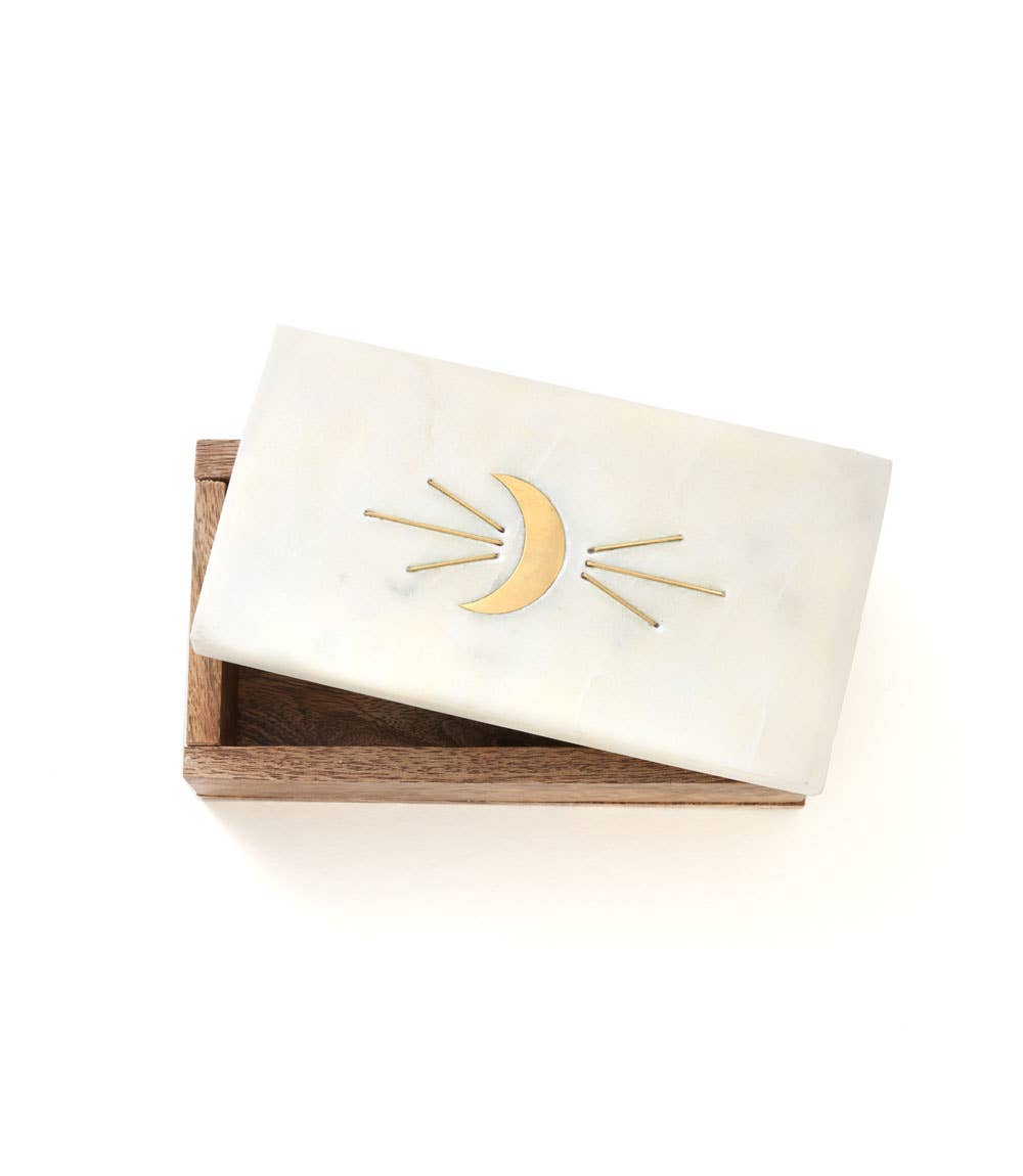 Matr Boomie Fair Trade - Wholesale Decorative Box - Indukala Treasure Box - Marble, Mango Wood, Crescent Moon1