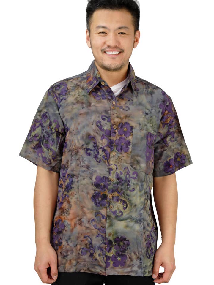 Button Down Camp Shirt Moonflower Batik by Hary Dary for wholesale by Sunshine Joy