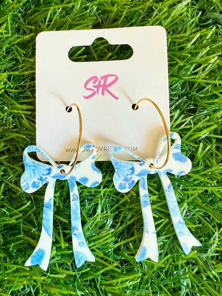 Blue Willow Acrylic Bow Earring on a Hoop for wholesale by Sandy + Rizzo
