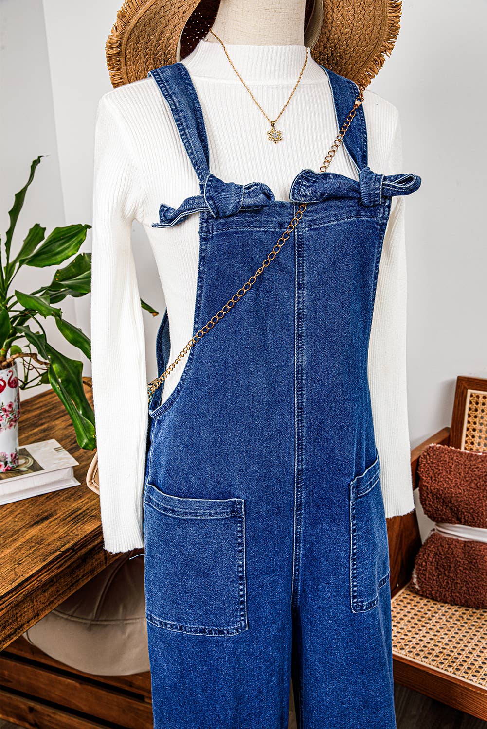 As shown Mineral Wash Knot Strap Patch Pocket Wide Leg Denim Overalls for wholesale on Faire3