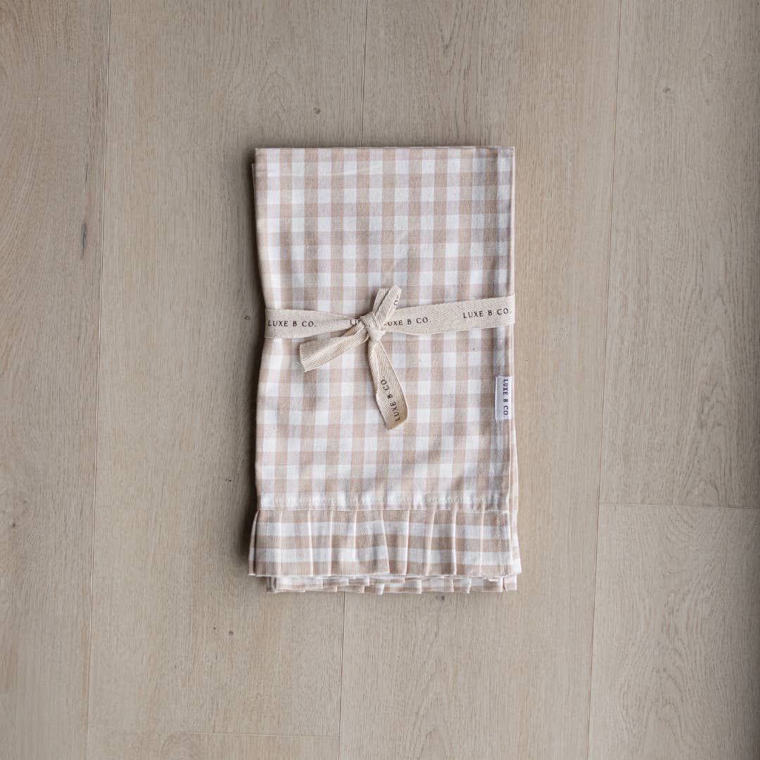 Luxe B Co - Wholesale Tea Towel - Ruffle Beige Gingham Kitchen Dish Towel
