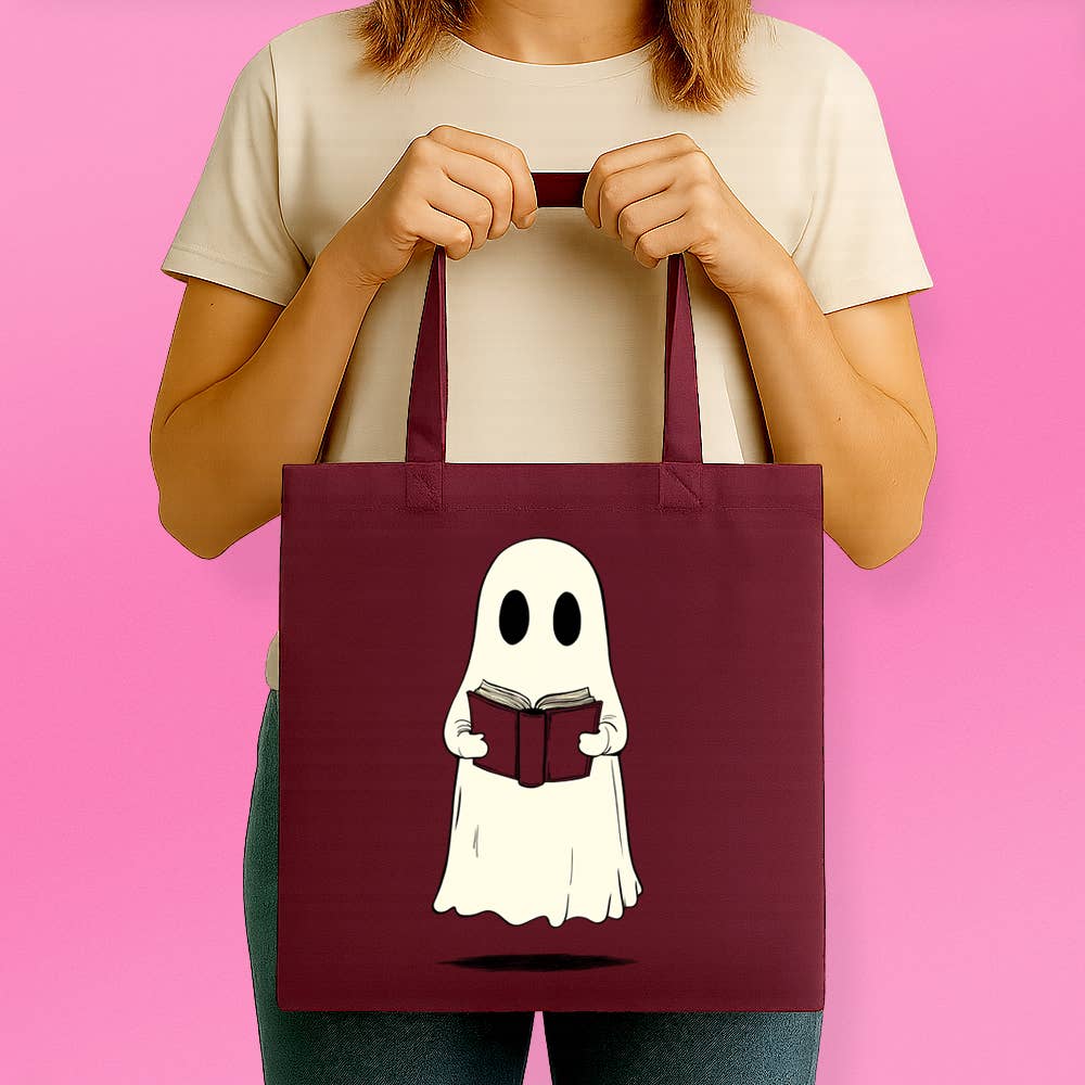 Loftipop - Vente Tote bag – femme - Sac fourre-tout fantôme mignon lisant un livre, cadeaux livresques effrayants1