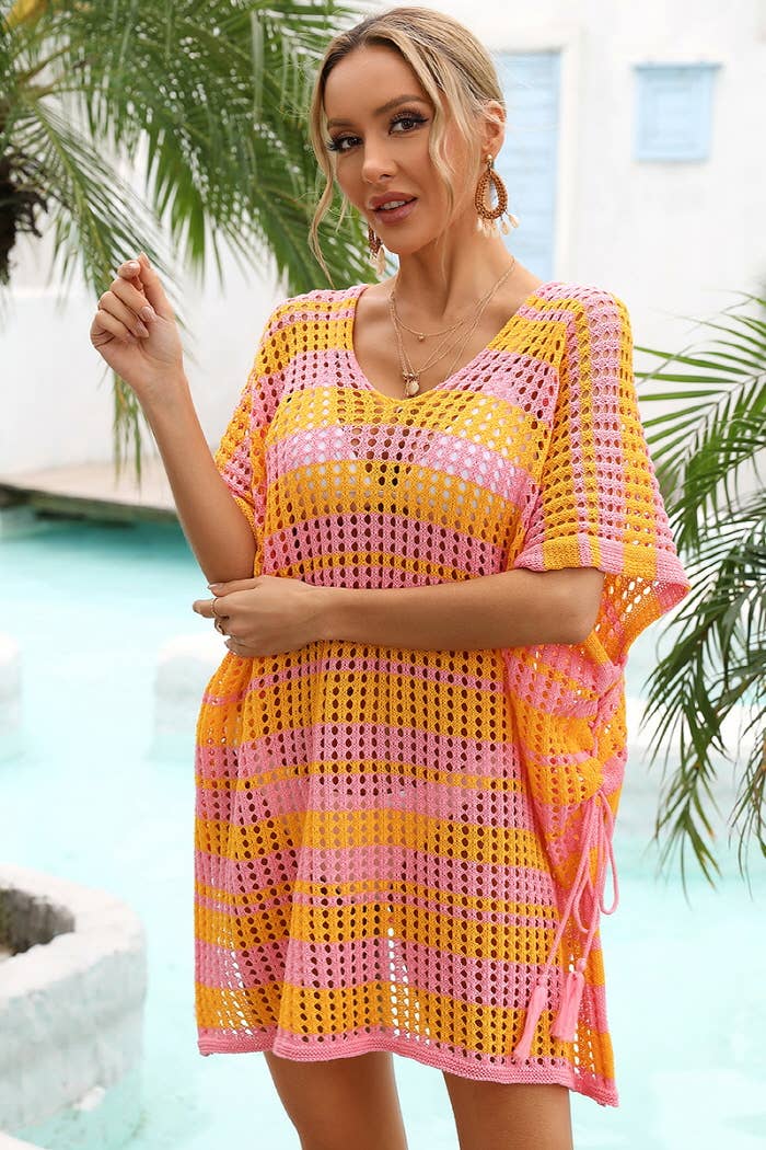 Lily Clothing - Vente Cache-maillot – femme - COUVRE-MAILLOT DE BAIN EN TRICOT CREUX À MOTIFS À RAYURES CWMW0028_11