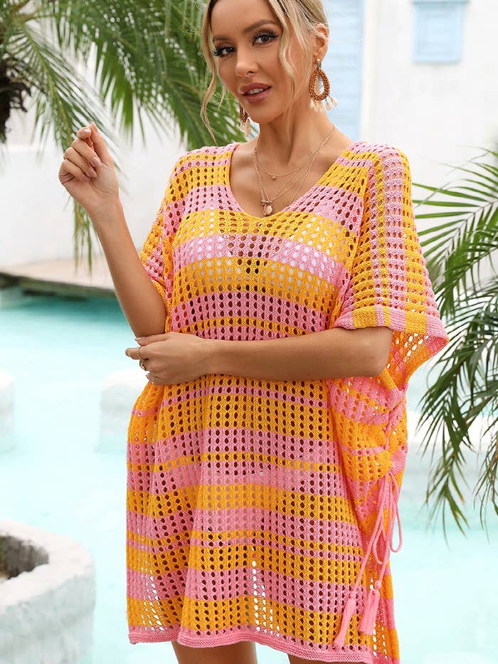 Lily Clothing - Wholesale Swim Cover Up - Women's - CWMW0028_STRIPE PATTERNED HOLLOW KNIT SWIMWEAR COVER UP11