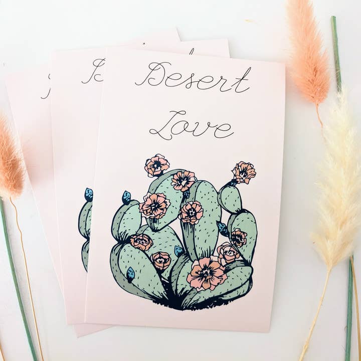 Mary Felker Art and Design - Wholesale Postcard - Desert Love Cactus Postcard, Cactus Card, Cactus Stationary
