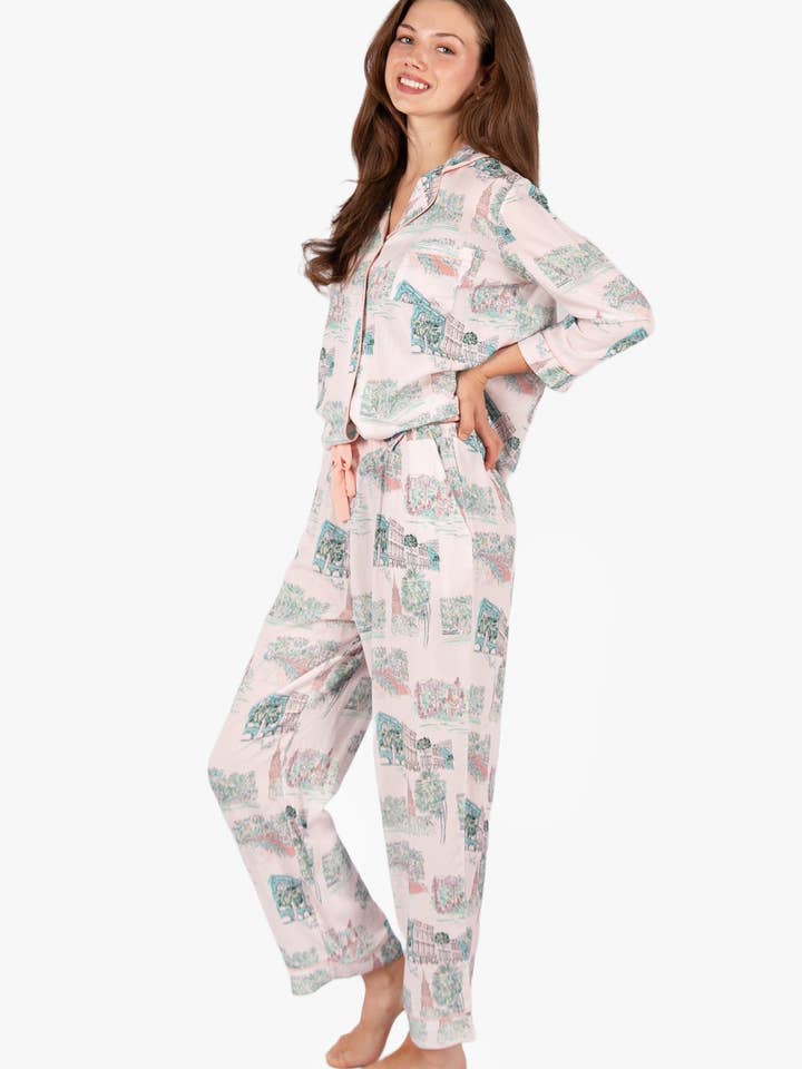 Imbali Charleston - Wholesale Sleepwear Set - Women's - Charleston Scene Pink 3/4 Pajama Set