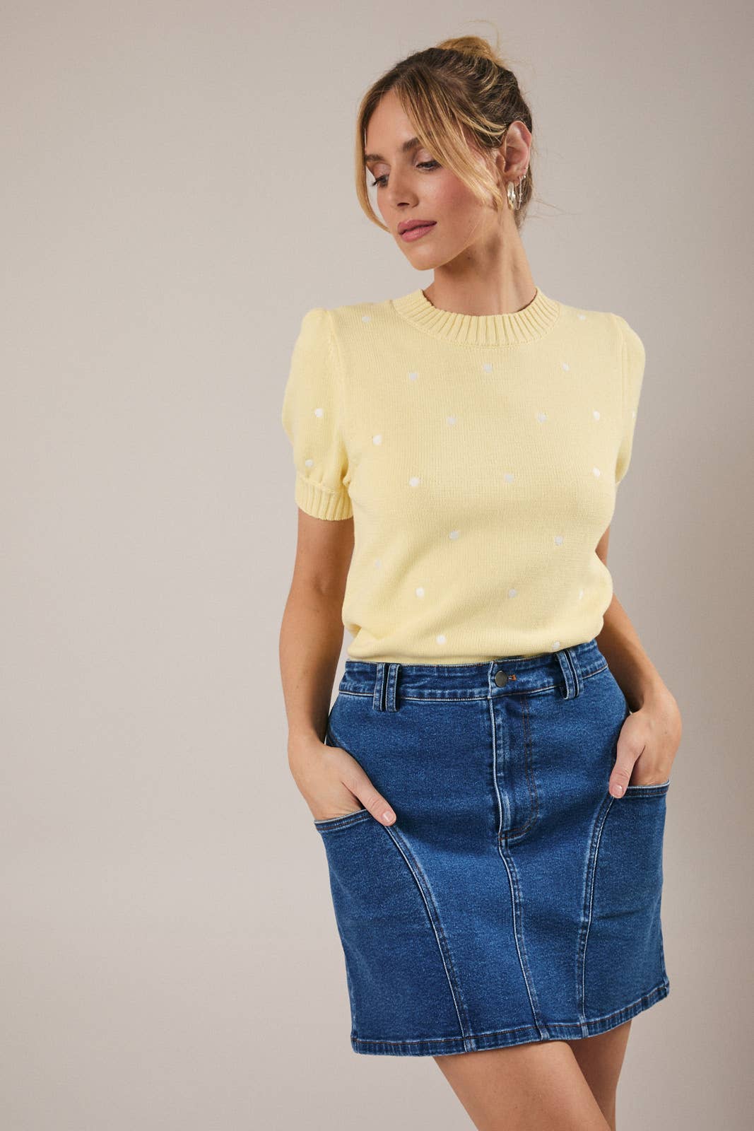 Sunday Edition - Wholesale Knit Sweater - Women's - ROUND NECK PUFF SHORT SLEEVE "POLKA DOT" EMBROIDERED SWEATER31