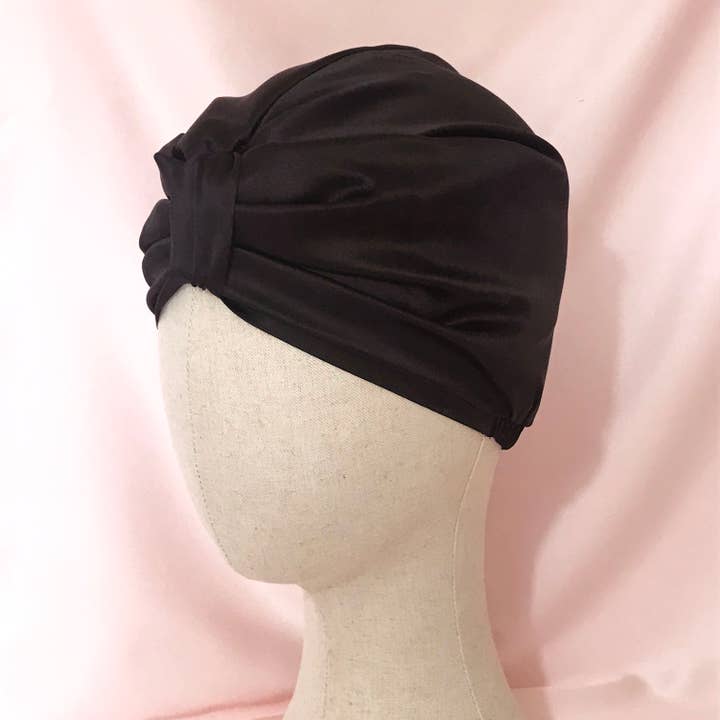 Mille Saisons - Wholesale Sleep Cap / Bonnet - Women's - Onyx Black Mulberry Silk Sleep Cap Fully Lined- UK Sewn2