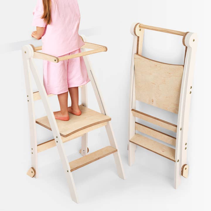 Folding Growing Chair– Montessori Step Stool with Safety Rails for Toddlers – White for wholesale by Goodevas United Kingdom
