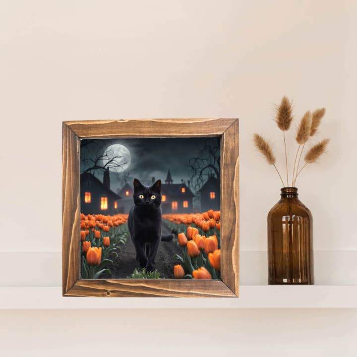 Teele and Co. - Wholesale Art Print - Black Cat in Tulips Spooky Printed Halloween Framed Sign 1