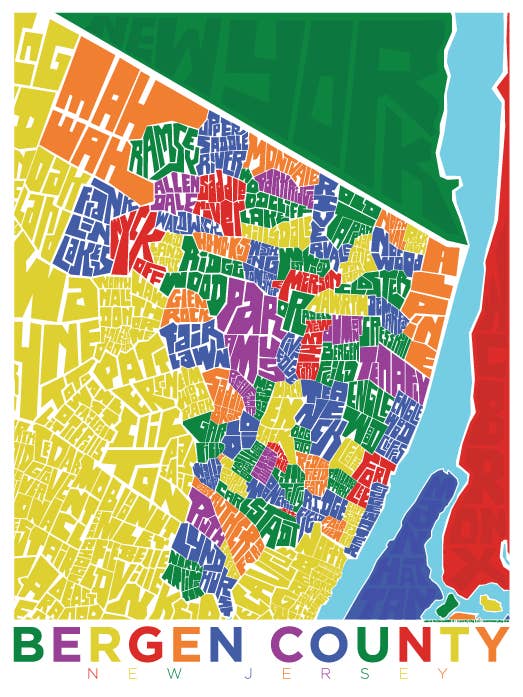 Mapa do tipo de bairro de Bergen County por atacado de LOST DOG art & frame