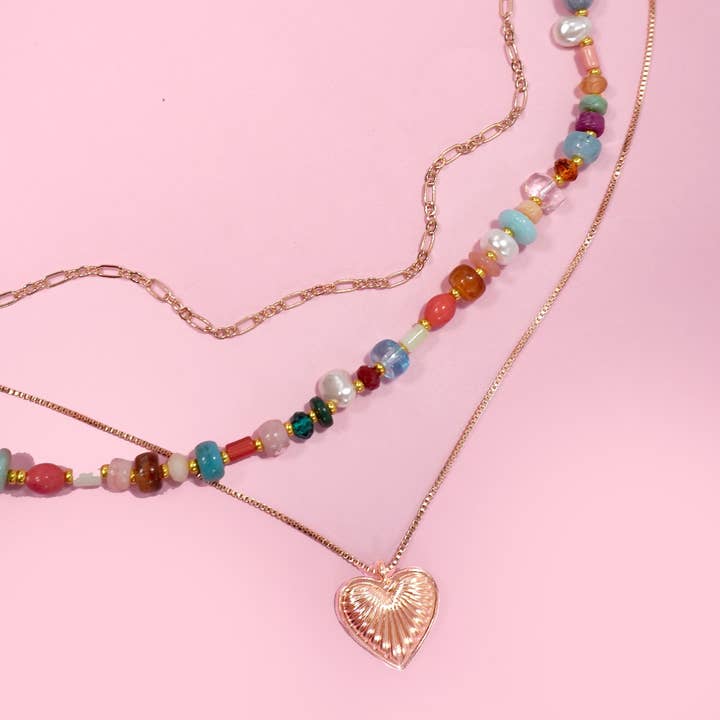 OR COLLIER À BRELOQUE CŒUR MULTICOUCHE AVEC PERLES | 80N1244 en vente sur Faire1