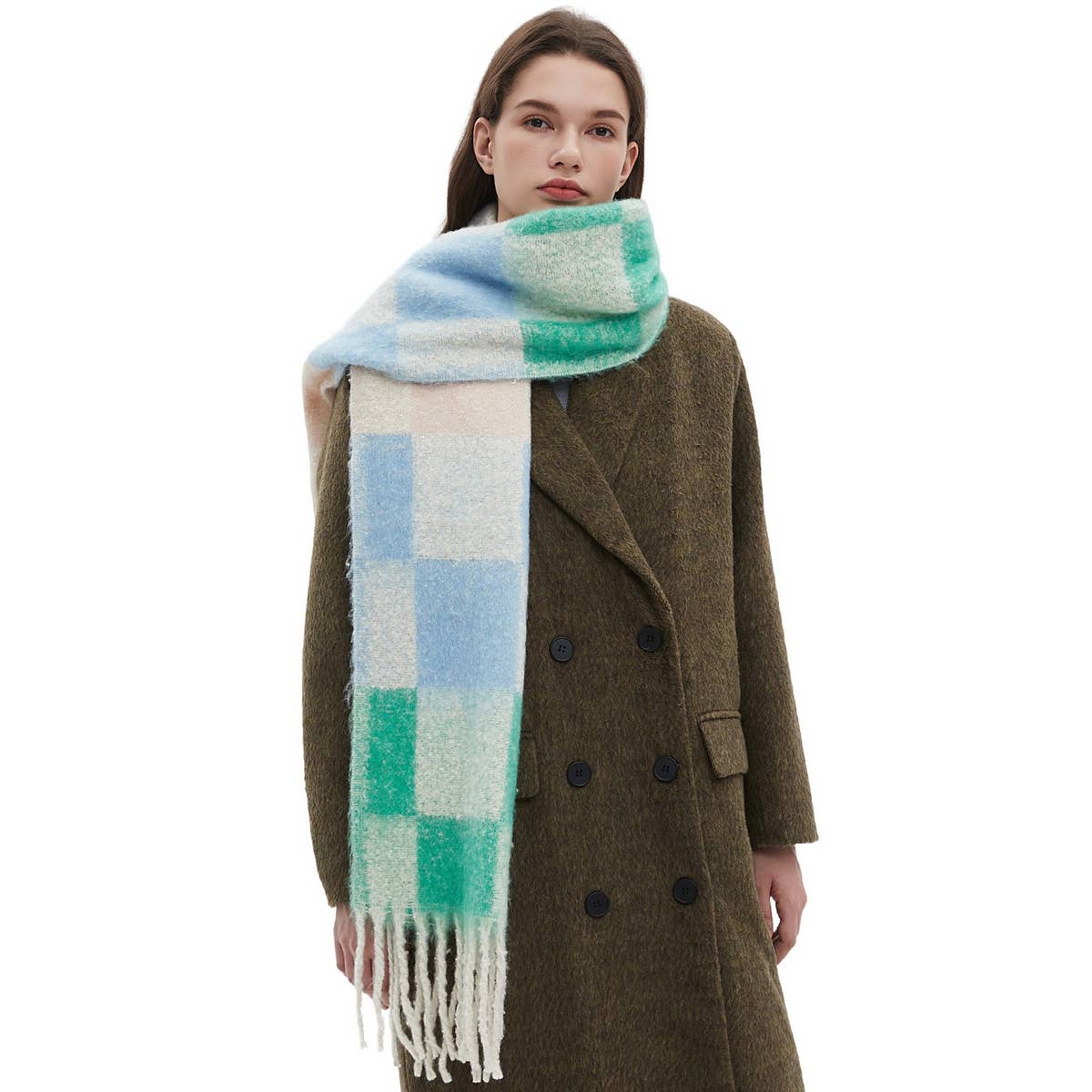ACCITY - Wholesale Scarf - Women's - Tassel Circle Yarn Checkered Scarf for Fall/Winter_CWASC12808
