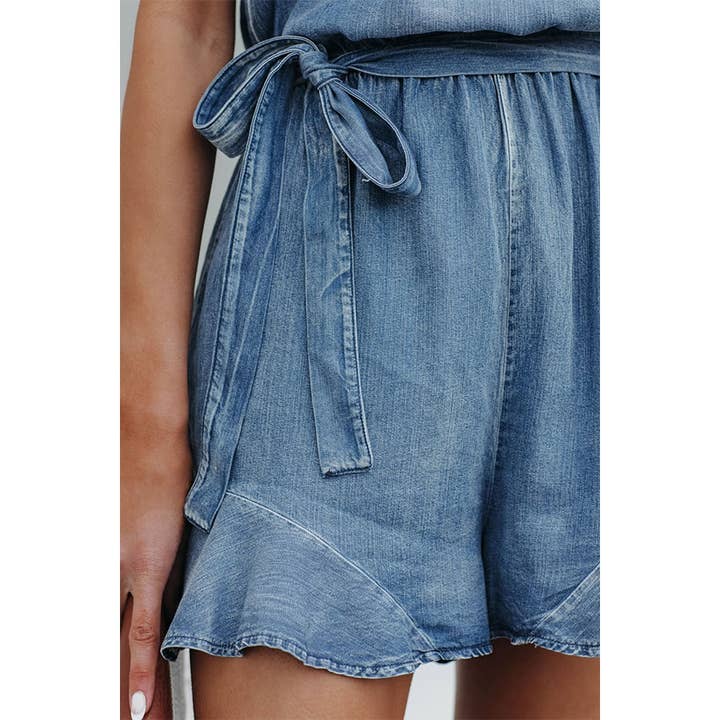 BLUE Street Cotton Denim Distressed Suspender Romper for wholesale on Faire4