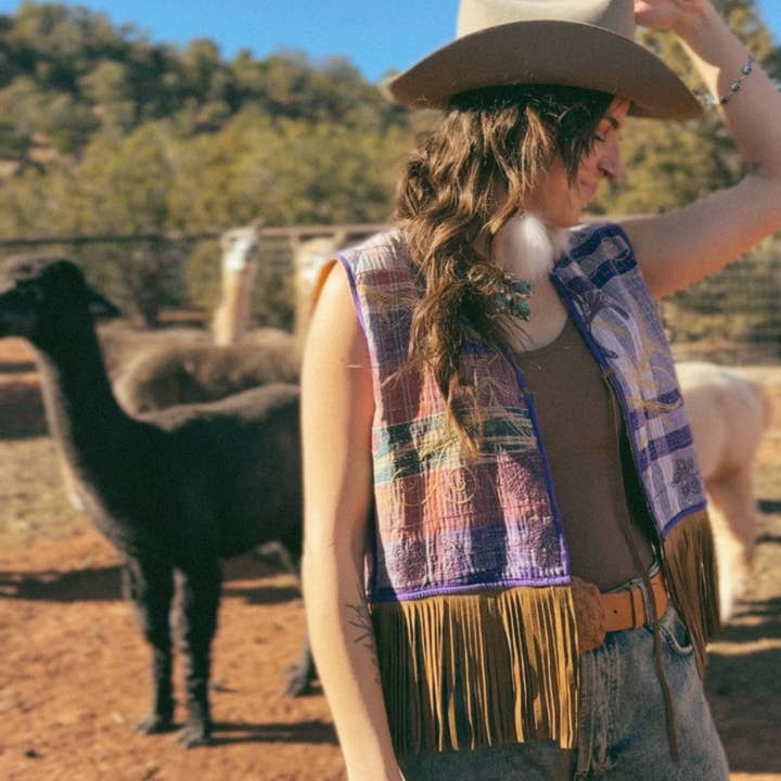 Wylder Trading Company - Wholesale Outerwear Vest - Women's - Boho Western Artisan Fringe Vests | Kantha Suzani Textile7