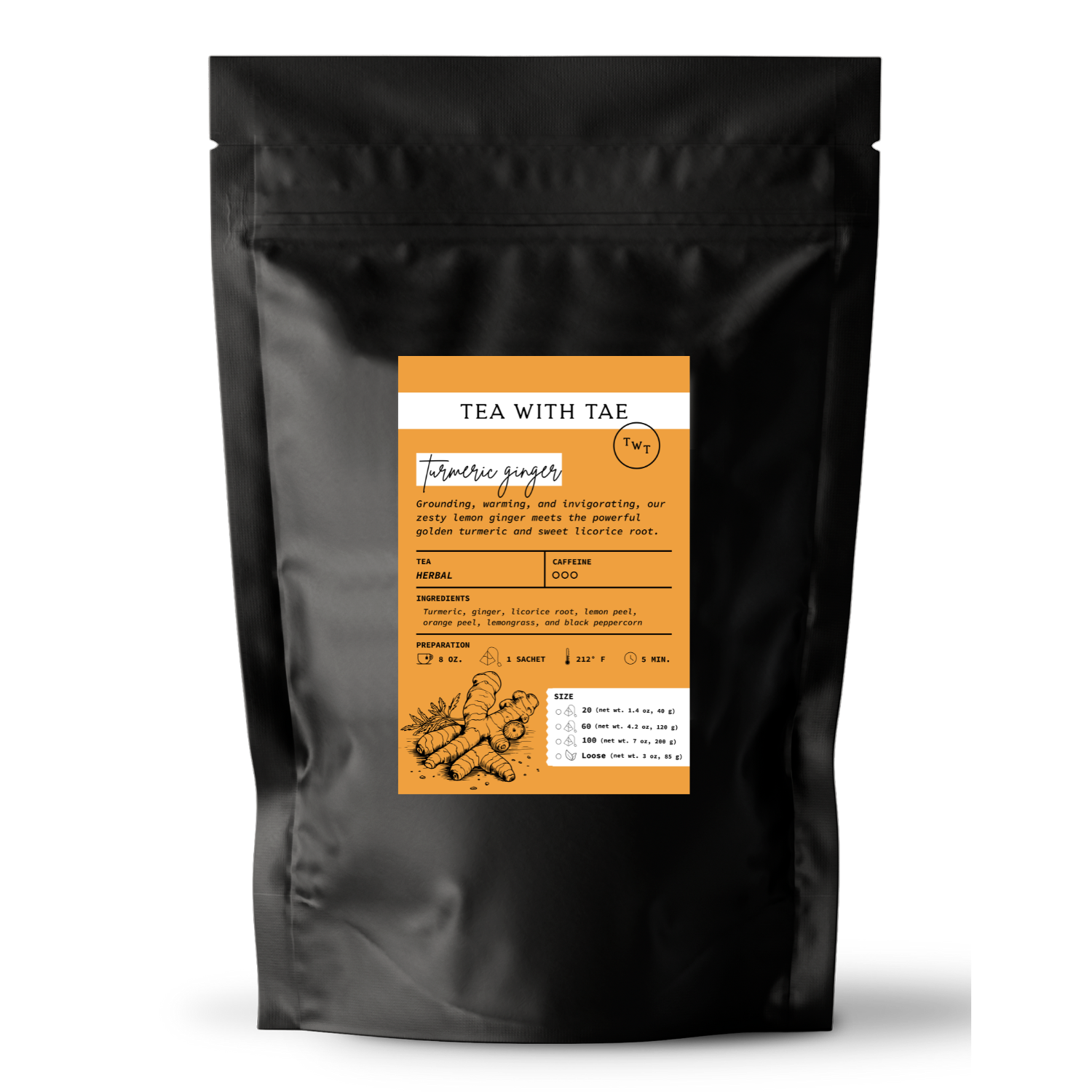 Tea with Tae - Wholesale Loose Tea - Turmeric Ginger Tea Pouch (20, 60, or 100 tea bags)1