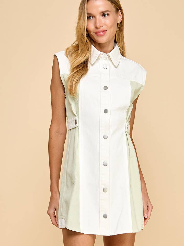 CD05102-Two Toned Denim Sleeveless Button Up Dress for wholesale by TCEC